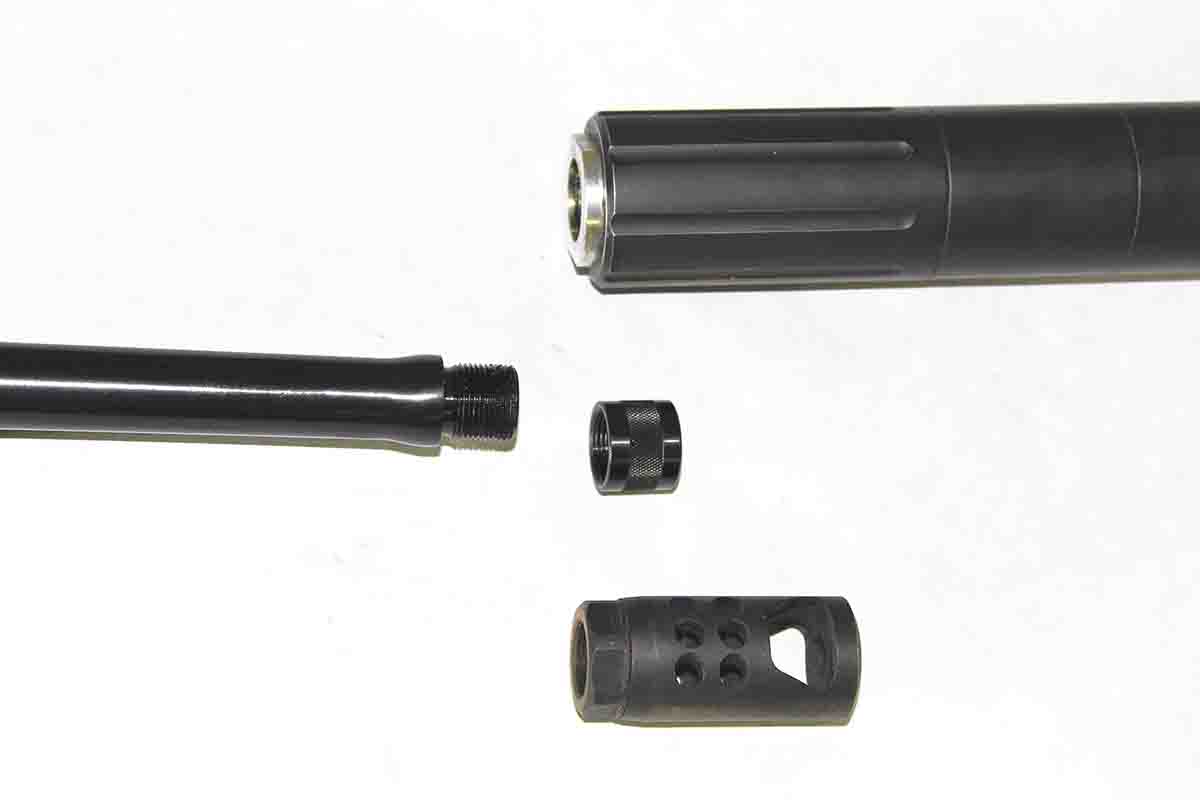 The rifle includes 5⁄8x24 threads, allowing it to accept barrel accessories, such as a sound suppressor (top), or muzzle brake (bottom). A protective sleeve (middle) is supplied.